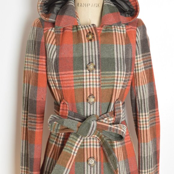 Jack BB Dakota coat jacket rust brown plaid hooded olive green womens S - Picture 2 of 8